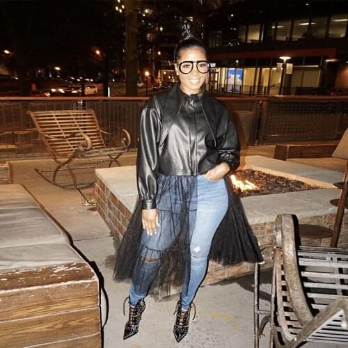 Winter Pu Faux Leather Jacket Fahsion Women Long Sleeve Sexy Mesh Sheer Turn-Down Collar Night Club Jackets