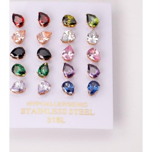 10 Pairs 6mm Mixed Color Water Droplets Stud Earring Cubic Zirconia Gold Fashion Jewelry Stainless Steel Cute Ear Stud Wholesale