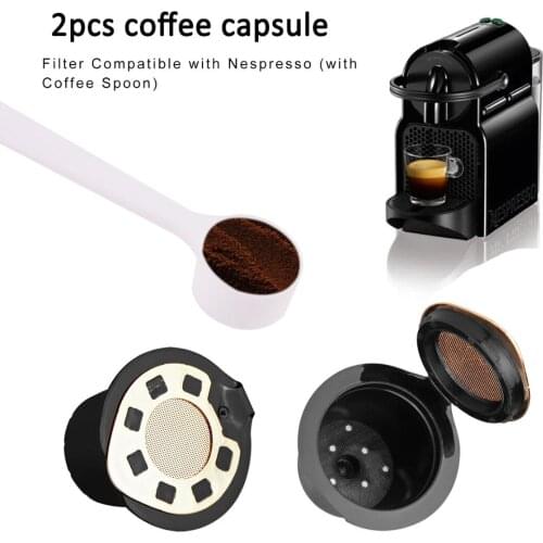 2pcs 1set New Refillable Reusable Capsule Coffee Filters Set with Spoon For Nespresso