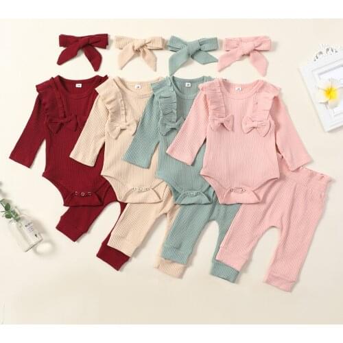 Sweety Cute Baby Girls 3Pcs Fall Outfits Long Sleeve Rib Knit Bow Front Romper+Pants+Headband Set Toddler Infant Clothing Set