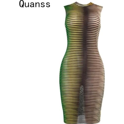 Quanss Hollow Out Knitted Mesh Sexy Bodycon Dress Women 2021 New Arrival Fashion Sleeveless Summer Short Dress Club Outfits