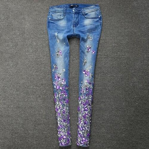 Boyfriend Jeans Luxury Rhinestones Diamond Pocket Jeans Women Pants Streetwear Women Stretch Plus Size Pencil skinny jeans