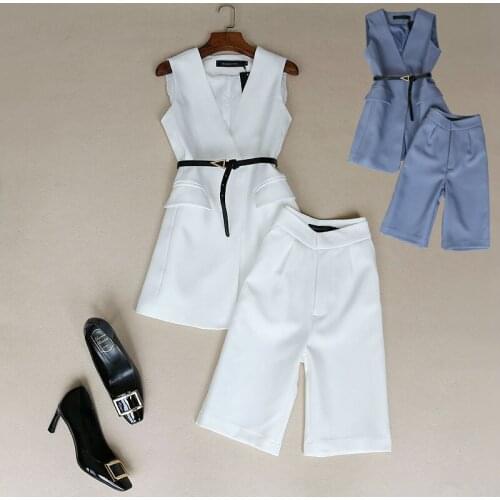 Elegant OL Work Wear Belted Long Vest and Knee Length Pants Women Clothing Set