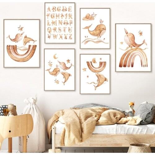 Boho Whale Dolphin Rainbow Baby Bohemian Nursery Wall Art Canvas Painting Nordic Poster And Prints Wall Pictures Kids Room Decor