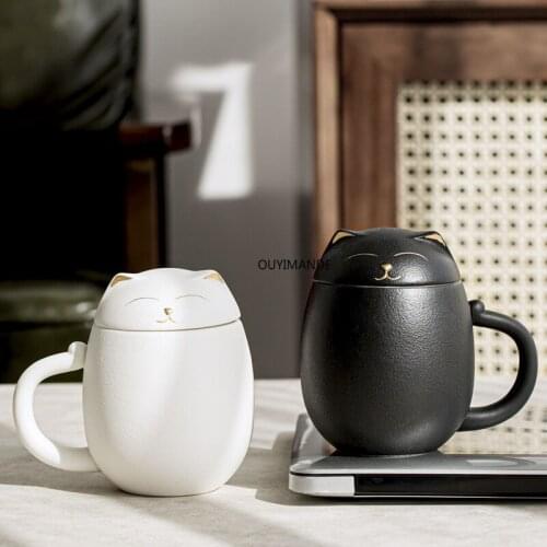 Stoneware Cute Lucky Cat Water Cup Tea Separation Tea Cup Large-capacity Ceramic Filter Mug with Lid Stoneware350ml