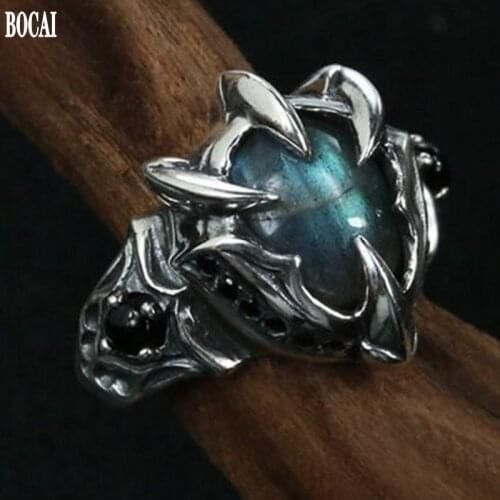 925 silver Labradorite natural stone ring mens stylish animal claw index finger ring retro punk mighty adjustable siz