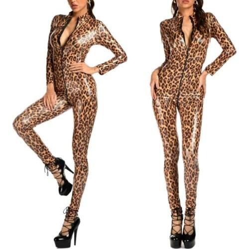 Sexy Leopard Bodysuit Wet Look PVC Faux Leather Catsuit Hot Erotic Women Zipper Open Crotch Jumpsuit Mistress Sex Costumes