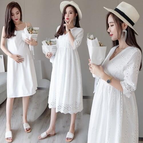 2 Piece Set V Neck High Waist Slim Maternity Party Dress Lovely Hollow Out Cotton Clothes for Pregnant Women Summer Pregnancy