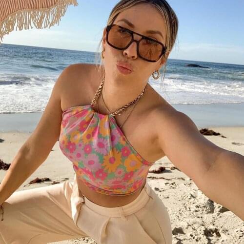 Crop Top Women Backless Fashion Printing Gold Necklace Bandage Self Cultivation Halter Vest Summer Clothes For Women