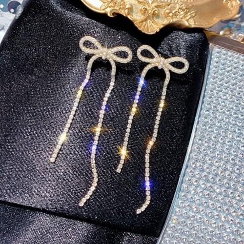 Fashion Women Stud Earrings Bow-knot Tassel Crystal Long Dangle Earrings for Female Wedding Party Luxury Korean Jewelry Gift