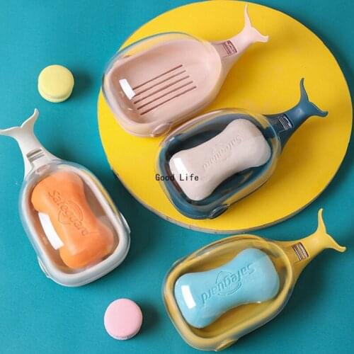 Soap Holder Bathroom Soap Dish Bathroom Accessories Double Layer Whale Drain Transparent Storage Box Flip Cover Dustproof