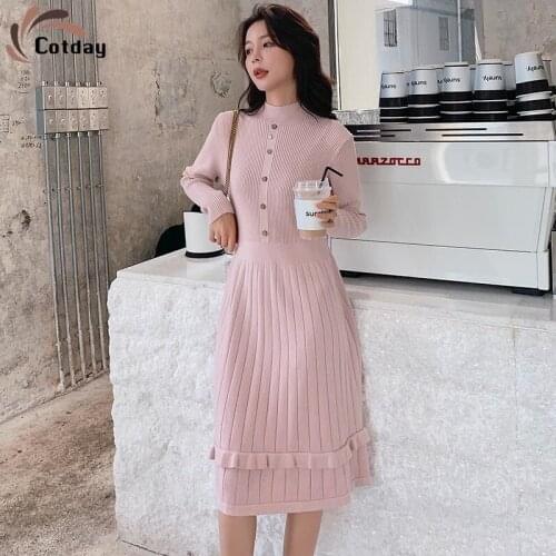 Cotday Slim Office Lady Sheath 2020 New Fashion Womens Temperament Knit Dress O-Neck Autumn Winter Warm Ladies Sweater Dress
