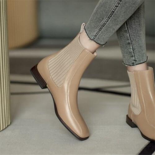 Winter Women Boots Cow Leather Elastic Sleeve Boots Square Toe Square Heel Low (1cm-3cm) Slip-On Versatile Fashion Boots