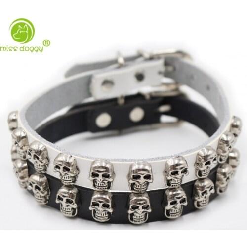 Skull Studded Pet Dog Collar Genuine Leather Adjustable Cat Collars Necklace Accessories for Small Medium Large Dogs Pitbull