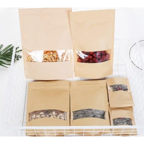 22*31+5 Food Moisture Barrier Bags Packaging sealing pouch Brown Kraft Paper Doypack Pouch with clear Window