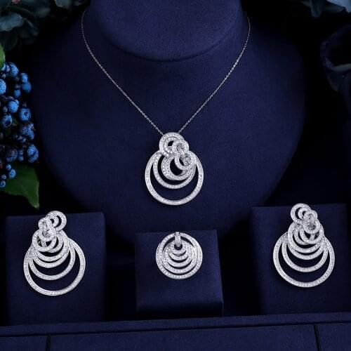 Luxury cubic zirconia pave setting water drop multi-layered clear stone earrings . pendant with ring jewelry sets for wedding