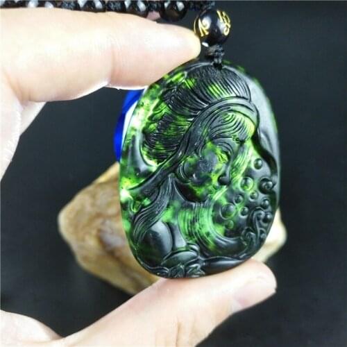 Certified Chinese Natural Black Green Jade Beauty Pendant Necklace Fashion Charm Jewellery Accessories Hand-Carved Lucky Amulet