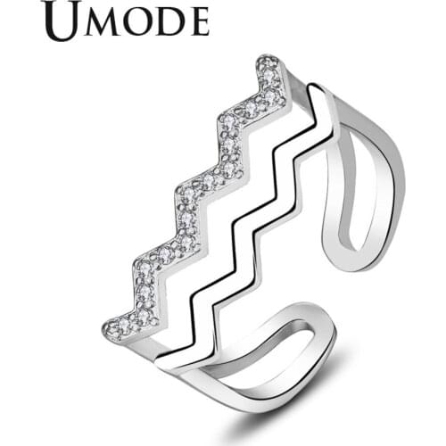 UMODE Fashion Wave Open Cuff Ring for Women Zircon Bypass Ring Engagement Jewelry Anillos Mujer Moda New Fashion AUR0433
