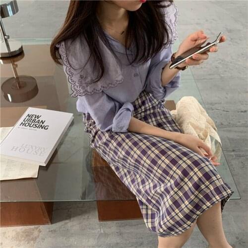 2021 New Women Summer Purple Plaid Long Straight Skirt Elastic High Waist Pencil Jupes