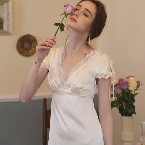 Sexy Satin Lace Nightgown Womens Short Sleeve Thin Sleepwear Sweet Princess Gown Bride Wedding Elegant Vintage Long Dress