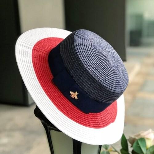 2019 New British summer quality color matching tide hat bee fashion female straw hat sunscreen sunscreen Japanese flat top wide