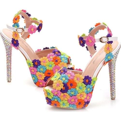 Multicolour Flower New 2019 Women Summer Gladiator Sandals Shoes Pumps Ladies High Heels 14CM Sweet Ladies Platform Wedding Shoe