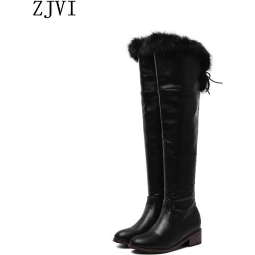 ZJVI 2020 Women Black Brown Over The Knee Boots Woman Winter Autumn Ladies Thigh High Boots For Girls Shoes SQUARE Heels Fur