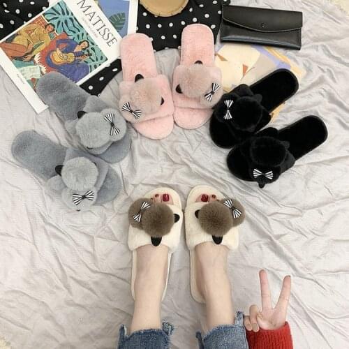 Women Winter Open Toe Fluffy Fur Slippers Flat Indoor Home Slippers Home Anti Slip Cute Panda Sandals