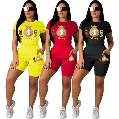 Women Track suit Set Summer 2021 Fashion Letter Print Stretch Bodycon Short Sleeve Casual Sport Two Piece Clothes Set