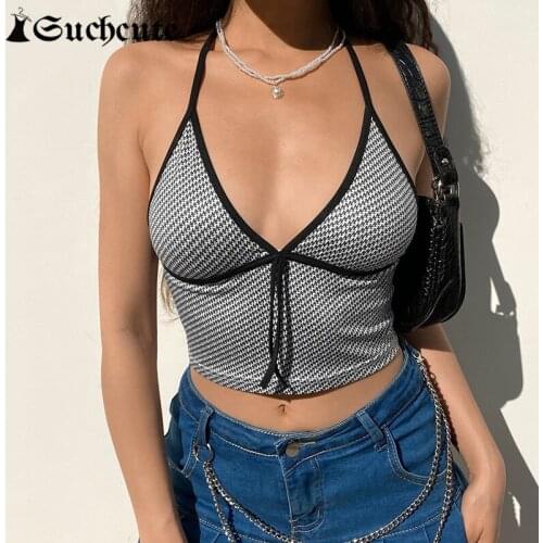 SUCHCUTE Cute Printed Halter Tops For Women 2021 Streetwear Y2K Fashion Tie Up Female Tank Tops Sexy V-Neck 90s Party Camis Tops