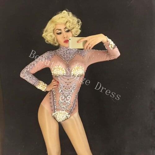 Crystals Printed Bodysuit Bar Evening Party Performance Stretch Rhinestones Costume Female Singer Dancer Leotard Stage Wear DJ