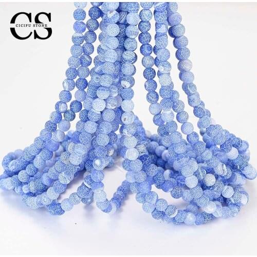 Natural Stone Beads Blue Frosted Agates Beads Cracked Round Loose Beads for Jewelry Making DIY Bracelet Accessories 4/6/8/10 MM