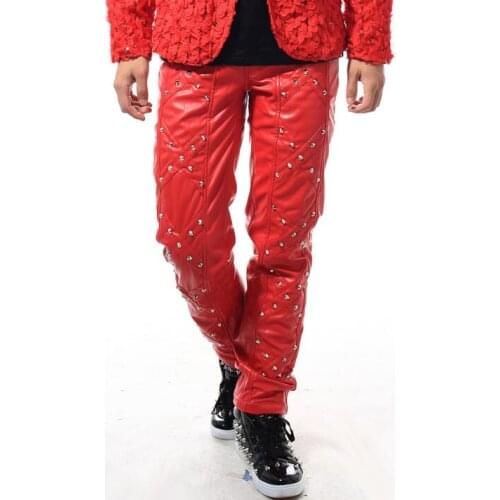Red rivet motorcycle faux leather pants men trousers pu pants for men pantalon homme singer dance stage rock street personality