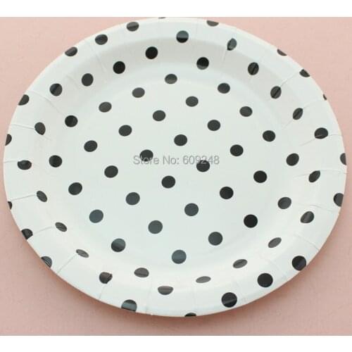 24pcs 9" Black Polka Dot Round Paper Plates,Eco Friendly Halloween Graduation Holiday Party BBQ Picnic Cake Dessert Paper Dishes