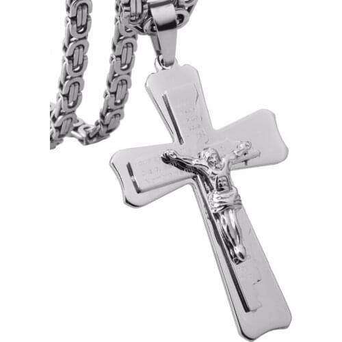 Jesus Cross Pendant Mens Necklace 6mm Stainless Steel Curb Cuban Byzantine Chain Silver/Gold/Silver Gold Color Jewelry