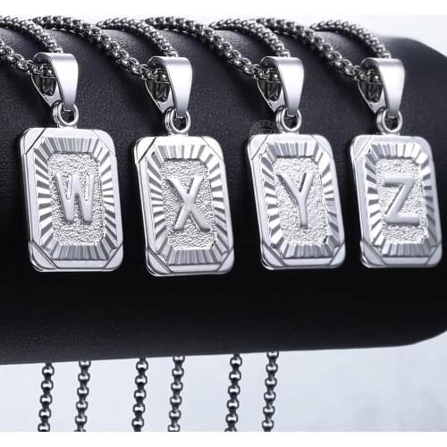 Initial Letter Pendant Necklace For Women Men Square Charm Mens Womens Silver Color Stainless Steel Box Link Chain 2mm LGP119