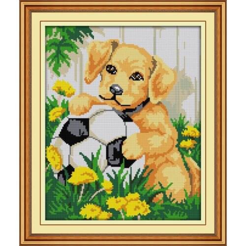 Joy Sunday Puppy and Football Cross Stitch Kits Embroidery Packs Paintings11&14CT Cross Stitch Printed Needlework Set Handicraft