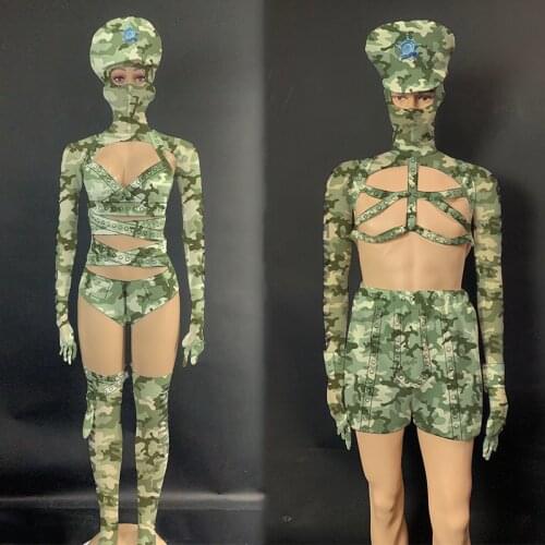 New Camouflage Male Female Hat Bandage Bodysuit Nightclub Bar Female Singer Clothes Rave Costume Dj Ds Stage Show Wear DNV13439