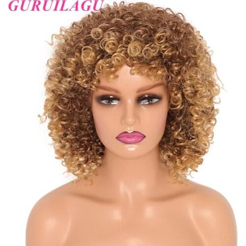GURUILAGU Afro Kinky Curly Wigs With Bangs Short Synthetic Wigs For Black Women Ombre Blonde Wig Cosplay Wig
