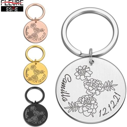 Couple Keychains Personalized Original Keychain Stainless Steel Round Customized Date Name Key Pendant Gift for Boyfriend
