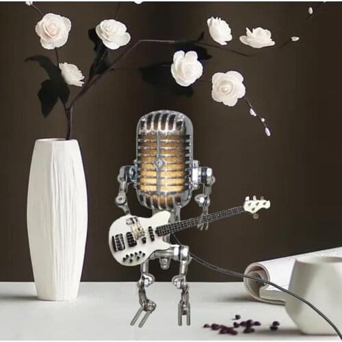 Robot Statue Novelty Compact Delicate Craft Decorative Microphone Head Robot LED Lamp Robot Light for Living Room