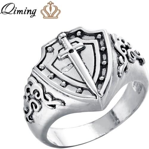 Shield Ring Man Male Viking Jewelry Crusade Cross Sword Ring Christian Jewelry Medieval Signet Mens Rings gift