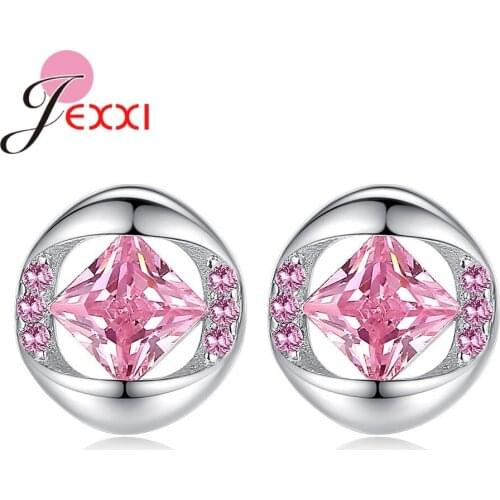 Top Brand Stylish 925 Silver Stud Earrings Sterling Silver Back Stoppers Brilliant Pink CZ Stone Round Needle Piercing Jewelry