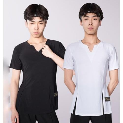 Latin Dance Top Men Cotton Short Sleeve Male Cha Cha Rumba Samba Tango Dancing Shirts Performing Clothes Practice Wear DNV11721