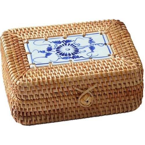 Rattan Woven Storage Box with Lid Handmade Jewelry Boxes Makeup Organizer Wooden for Sundries Tea Case Containers Gift