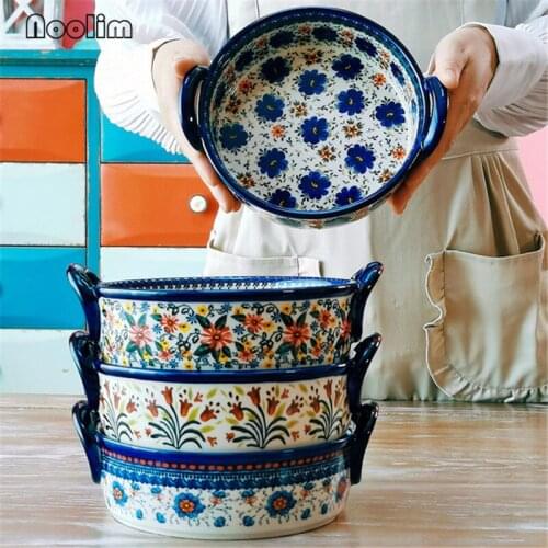 Japanese Ceramic Binaural Round Baking Pan Porcelain Instant Noodle Soup Bowl Microwave Oven Dessert Salad Plate Tableware