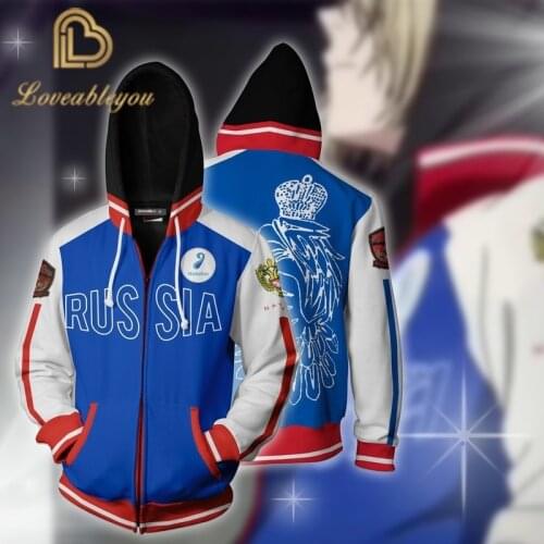 YURI!!! on ICE Cosplay Costume RUSSIA Cosplay Hoodies Zip Unisex Hooded Jacket 3D Printed Coat Sportswear Sweatshirts