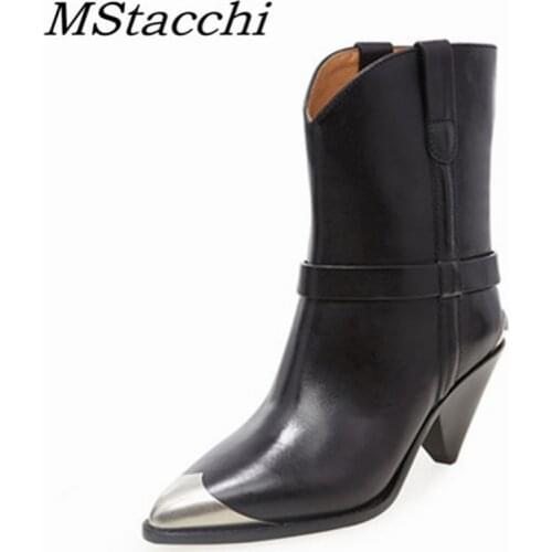 Metal Toe Womens Knight Boots Elegant Genuine Suede Leather Short Boots Ladies Strange Heel Shoes Women Slip-on Mid-calf Boots