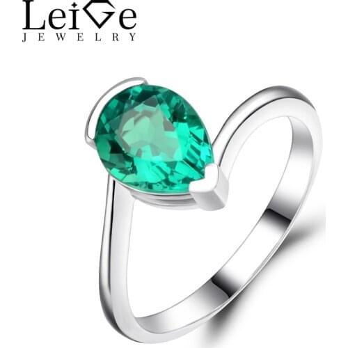 Leige Jewelry Pear Cut Emerald Ring Women Sterling Silver 925 Fine Jewelry Teardrop Shape Gemstone Engagement Ring Bezel Setting
