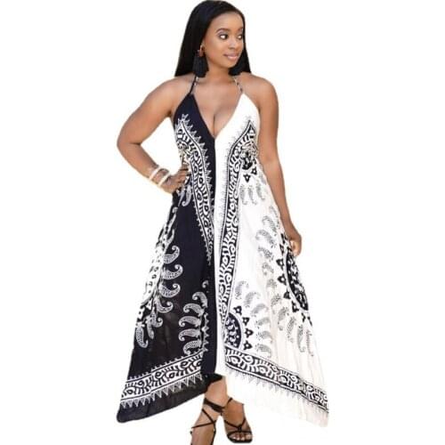 African A Line Dress For Women Spaghetti Strap Halter Loose Boubou Fashion Elegant Summer Beach Holiday African Maxi Dress 2021